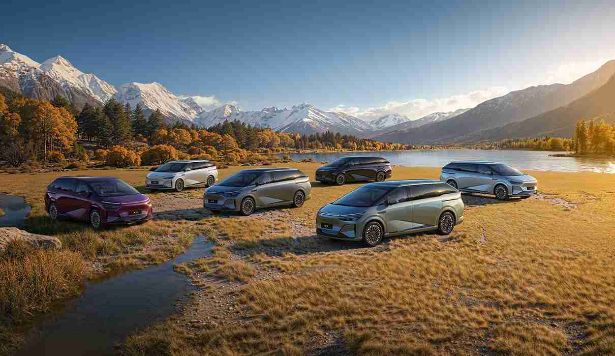 Fleet of XPENG cars in the country side.